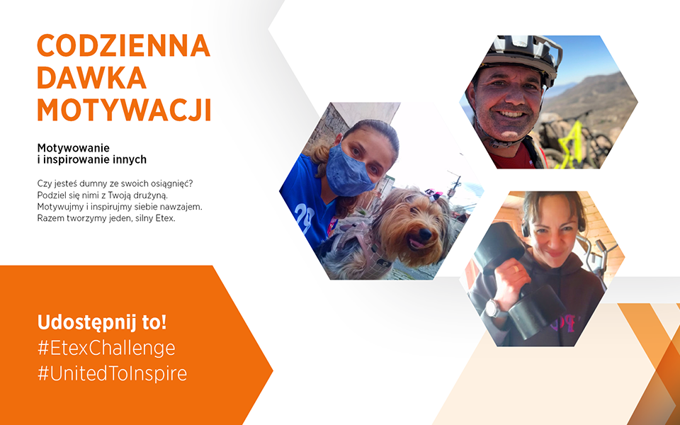 Komunikacja employer branding zapraszająca do wyzwania Etex Challenge. 3 osoby - 2 kobiety i mężczna w strojach sportowych. W prawym dolnym rogu dwa hashtagi #EtexChallenge oraz #Unitedtoinspire